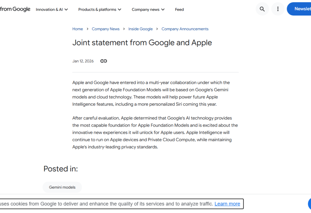 Официалното изявление за партньорството между Apple и Google за Gemini и Siri