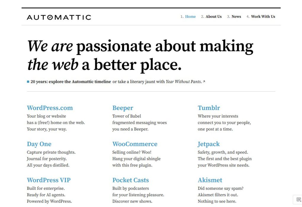 Началната страница на Automattic, компанията зад WordPress.com, WooCommerce и Jetpack.