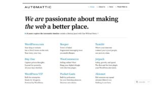Началната страница на Automattic, компанията зад WordPress.com, WooCommerce и Jetpack.
