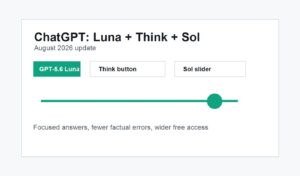 ChatGPT с GPT-5.6 Luna, Think бутон и плъзгач за GPT-5.6 Sol