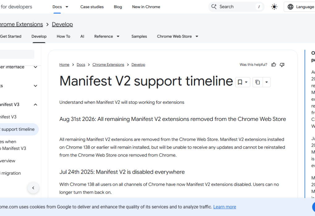 Страницата на Chrome Developers с графика за края на Manifest V2 разширенията през 2026 г.