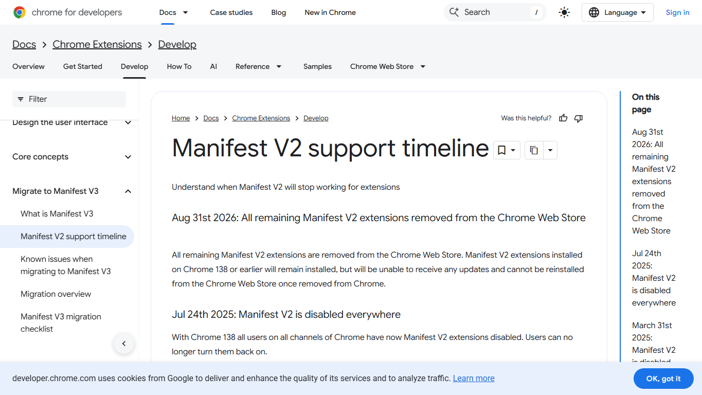 Страницата на Chrome Developers с графика за края на Manifest V2 разширенията през 2026 г.