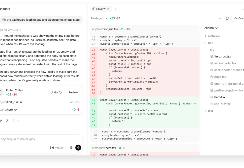 Официален визуал на интерфейса на Codex в ChatGPT с преглед на задача и промени в код