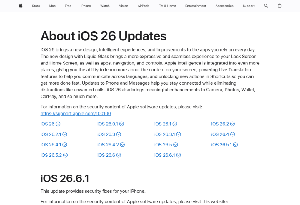 Страница на Apple Support за обновленията на iOS 26 и подготовката на iPhone за iOS 27.