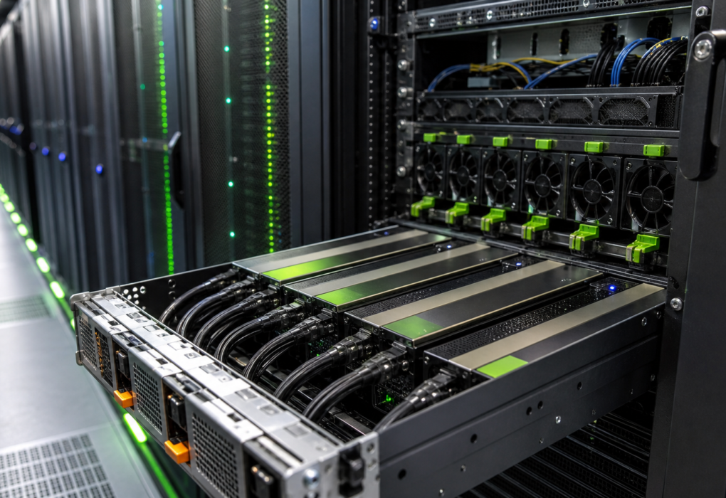 AI сървърен шкаф с GPU ускорители в модерен център за данни