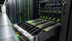 AI сървърен шкаф с GPU ускорители в модерен център за данни