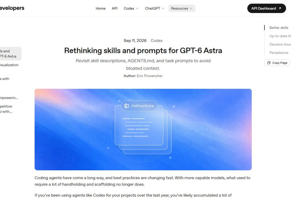 Страница от OpenAI Developers за Codex skills, prompts и GPT-6 Astra.