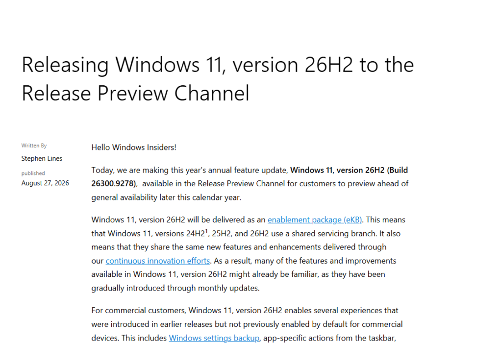 Официалната страница на Microsoft за Windows 11 26H2 в Release Preview през 2026 г.