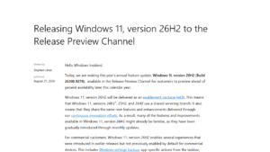 Официалната страница на Microsoft за Windows 11 26H2 в Release Preview през 2026 г.