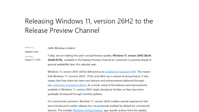 Официалната страница на Microsoft за Windows 11 26H2 в Release Preview през 2026 г.